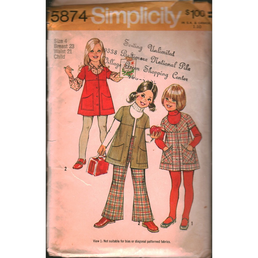 Vintage 1973 Simplicity 5874 Child Jumper Bell‎ Bottom Pants Sewing Pattern Sz 4